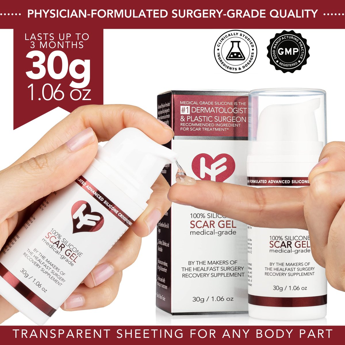 HealFast Silikon-Gel & Creme für Narben – Medizinisches Silikongel zur Narbenbehandlung bei Keloide, Akne, Verbrennungen, Kaiserschnitt, Dehnungsstreifen – Ärztlich formuliertes fortschrittliches Silikongel