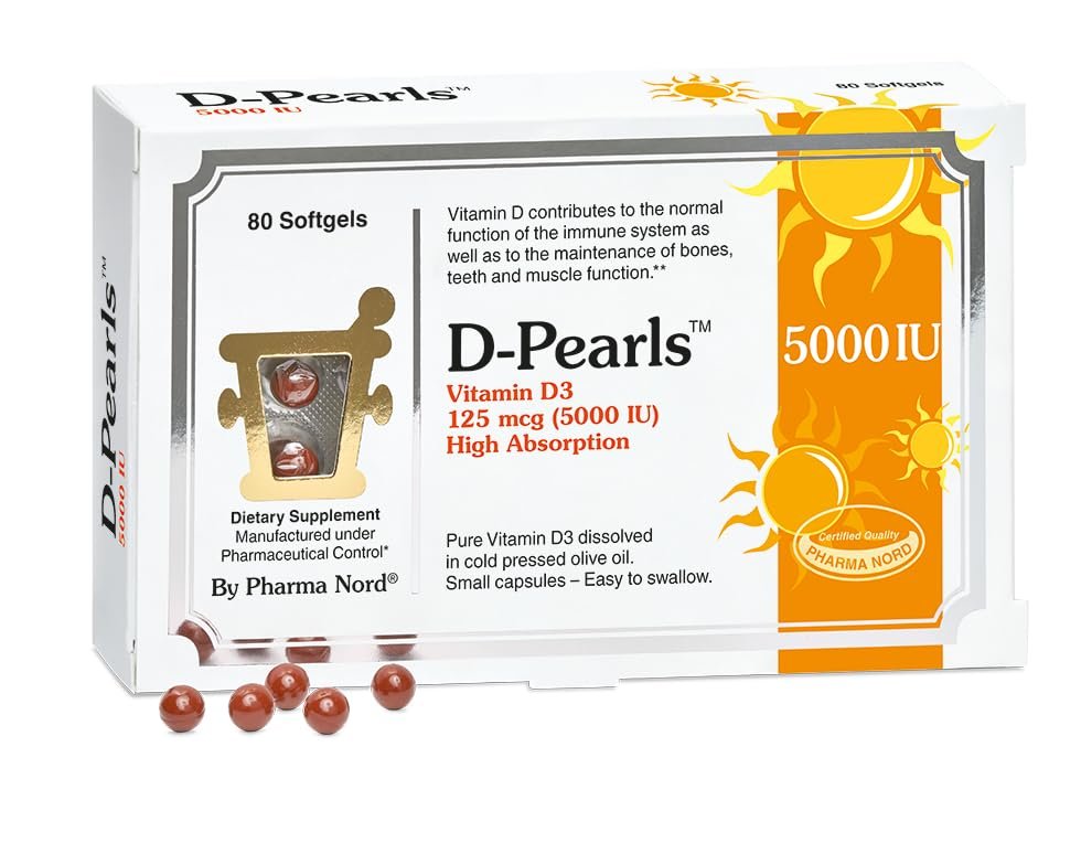 Pharma Nord D-Pearls 5000 IE (125 µg) Vitamin D3 Hochdosiert – Hochabsorbierbare Mini-Weichkapseln mit Bio-Olivenöl, Immun-, Knochen- & Muskelsupport, Nicht-GVO, Glutenfrei, 80 Stück