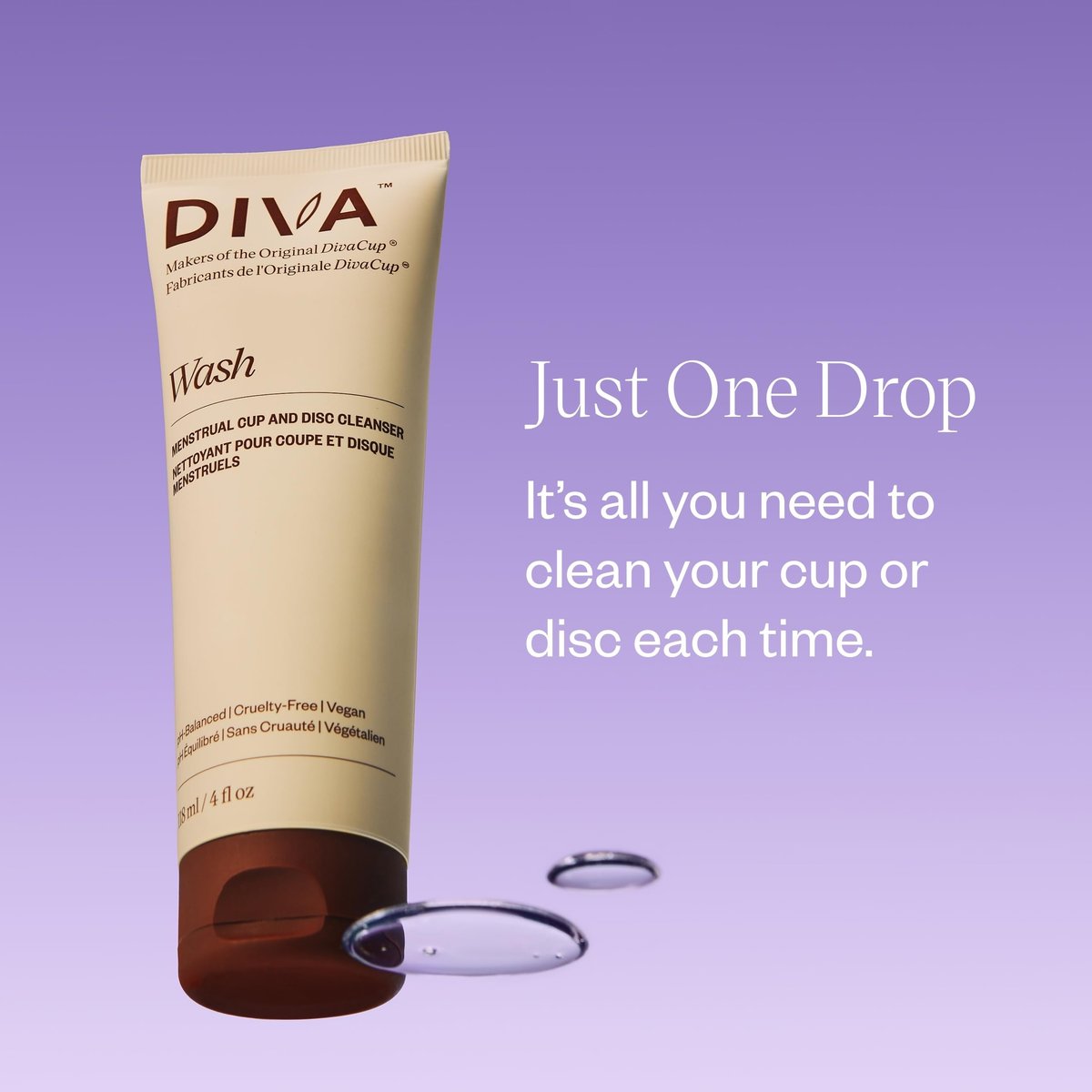 DIVA Wash – Menstruationsbecher & Scheibenreiniger – Nur ein Tropfen nötig – 100% pflanzliche Reinigungslotion – Frischer Zitrusduft – 118 ml