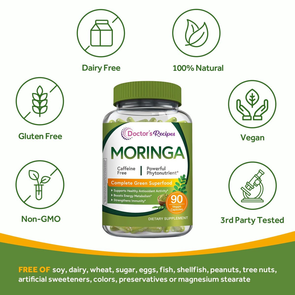 Doctor's Recipes Moringa – Komplettes grünes Superfood, natürlicher Antioxidantien-Support, Non-GMO, 90 vegane Kapseln, ohne Koffein, Soja, Gluten