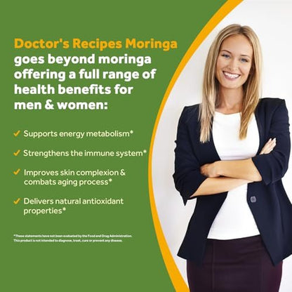 Doctor's Recipes Moringa – Komplettes grünes Superfood, natürlicher Antioxidantien-Support, Non-GMO, 90 vegane Kapseln, ohne Koffein, Soja, Gluten
