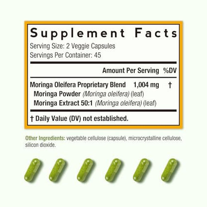 Doctor's Recipes Moringa – Komplettes grünes Superfood, natürlicher Antioxidantien-Support, Non-GMO, 90 vegane Kapseln, ohne Koffein, Soja, Gluten