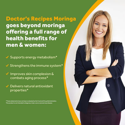 Doctor's Recipes Moringa – Komplettes grünes Superfood, natürlicher Antioxidantien-Support, Non-GMO, 90 vegane Kapseln, ohne Koffein, Soja, Gluten