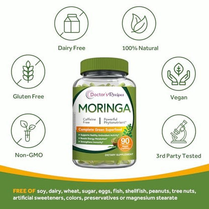 Doctor's Recipes Moringa – Komplettes grünes Superfood, natürlicher Antioxidantien-Support, Non-GMO, 90 vegane Kapseln, ohne Koffein, Soja, Gluten