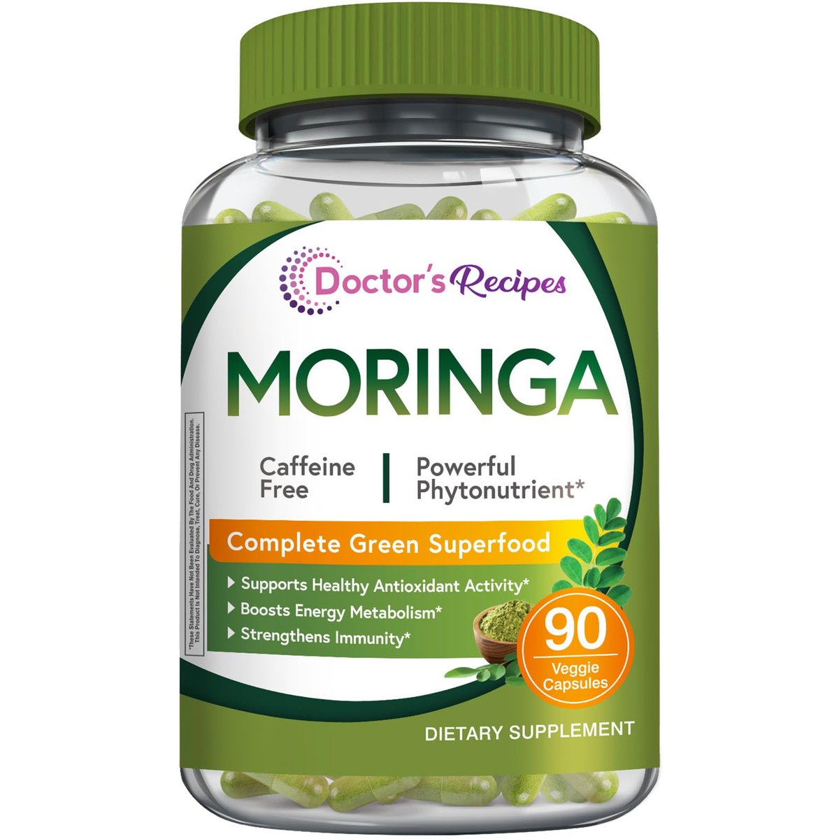 Doctor's Recipes Moringa – Komplettes grünes Superfood, natürlicher Antioxidantien-Support, Non-GMO, 90 vegane Kapseln, ohne Koffein, Soja, Gluten