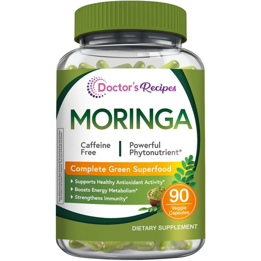 Doctor's Recipes Moringa – Komplettes grünes Superfood, natürlicher Antioxidantien-Support, Non-GMO, 90 vegane Kapseln, ohne Koffein, Soja, Gluten