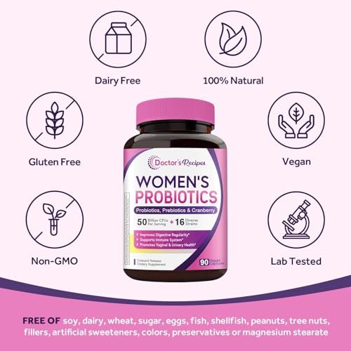 Doctor's Recipes Frauen Probiotikum, 90 Kapseln, 50 Milliarden KBE, 16 Stämme, mit Bio-Cranberry, Verdauungs-, Immun-, Vaginal- und Harngesundheit, magensaftresistent, ohne Soja, Gluten, Milchprodukte