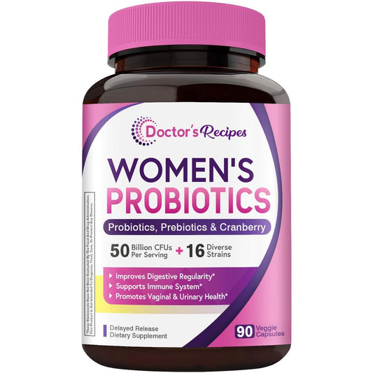 Doctor's Recipes Frauen Probiotikum, 90 Kapseln, 50 Milliarden KBE, 16 Stämme, mit Bio-Cranberry, Verdauungs-, Immun-, Vaginal- und Harngesundheit, magensaftresistent, ohne Soja, Gluten, Milchprodukte
