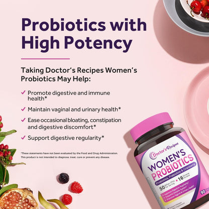Doctor's Recipes Frauen Probiotikum, 90 Kapseln, 50 Milliarden KBE, 16 Stämme, mit Bio-Cranberry, Verdauungs-, Immun-, Vaginal- und Harngesundheit, magensaftresistent, ohne Soja, Gluten, Milchprodukte