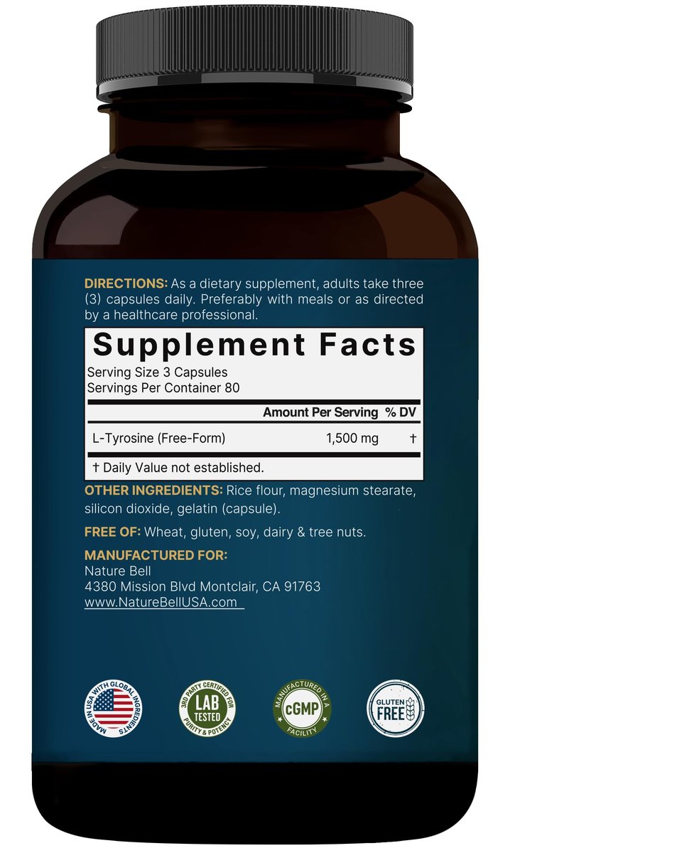 L-Tyrosin Supplement, 1.500 mg pro Portion, 240 Kapseln | Essentielle Aminosäure – Unterstützung für Gehirngesundheit, Gedächtnis, kognitive Gesundheit und geistige Wachsamkeit – Non-GMO