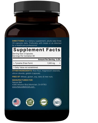 L-Tyrosin Supplement, 1.500 mg pro Portion, 240 Kapseln | Essentielle Aminosäure – Unterstützung für Gehirngesundheit, Gedächtnis, kognitive Gesundheit und geistige Wachsamkeit – Non-GMO