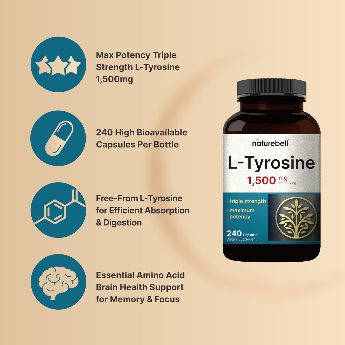 L-Tyrosin Supplement, 1.500 mg pro Portion, 240 Kapseln | Essentielle Aminosäure – Unterstützung für Gehirngesundheit, Gedächtnis, kognitive Gesundheit und geistige Wachsamkeit – Non-GMO