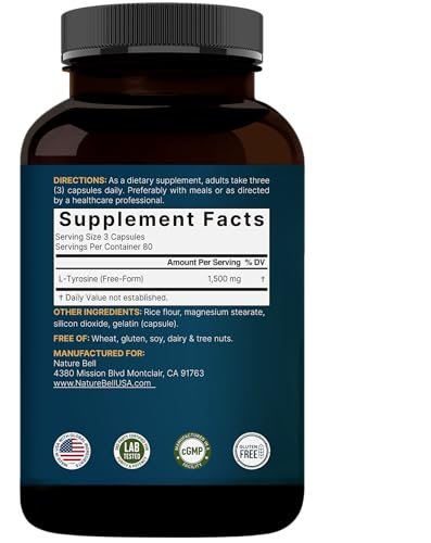 L-Tyrosin Supplement, 1.500 mg pro Portion, 240 Kapseln | Essentielle Aminosäure – Unterstützung für Gehirngesundheit, Gedächtnis, kognitive Gesundheit und geistige Wachsamkeit – Non-GMO