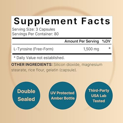 L-Tyrosin Supplement, 1.500 mg pro Portion, 240 Kapseln | Essentielle Aminosäure – Unterstützung für Gehirngesundheit, Gedächtnis, kognitive Gesundheit und geistige Wachsamkeit – Non-GMO
