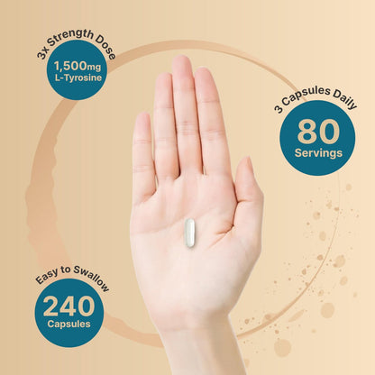 L-Tyrosin Supplement, 1.500 mg pro Portion, 240 Kapseln | Essentielle Aminosäure – Unterstützung für Gehirngesundheit, Gedächtnis, kognitive Gesundheit und geistige Wachsamkeit – Non-GMO