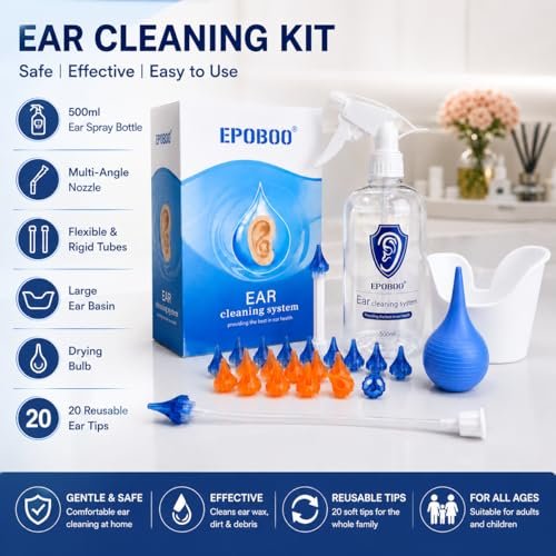 EPOBOO Ohrenspül-Kit zur Ohrenschmalzentfernung – Manuelles Ohrbewässerungssystem, sicher & effizient, FSA-HSA-fähig, 500 ml Flasche, Schale, Trockenball, 20 weiche wiederverwendbare Spitzen, starre & flexible Schläuche für Einzel- und Familiengebrauch