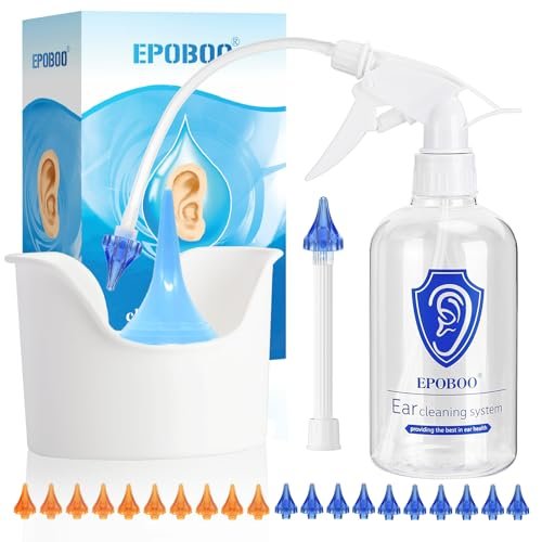 EPOBOO Ohrenspül-Kit zur Ohrenschmalzentfernung – Manuelles Ohrbewässerungssystem, sicher & effizient, FSA-HSA-fähig, 500 ml Flasche, Schale, Trockenball, 20 weiche wiederverwendbare Spitzen, starre & flexible Schläuche für Einzel- und Familiengebrauch