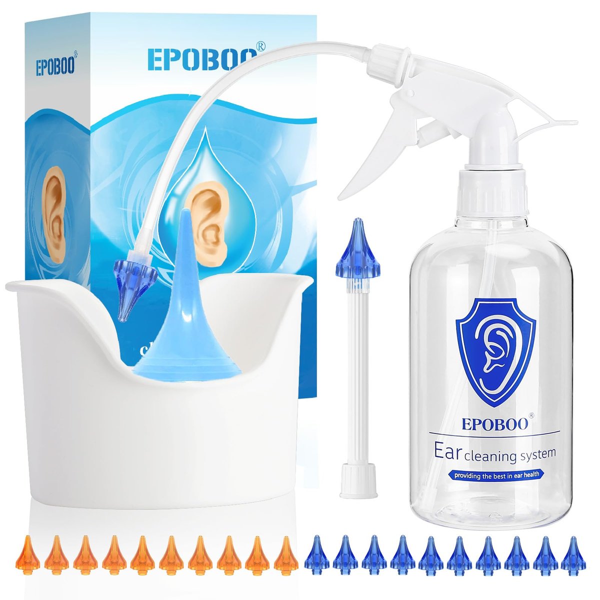 EPOBOO Ohrenspül-Kit zur Ohrenschmalzentfernung – Manuelles Ohrbewässerungssystem, sicher & effizient, FSA-HSA-fähig, 500 ml Flasche, Schale, Trockenball, 20 weiche wiederverwendbare Spitzen, starre & flexible Schläuche für Einzel- und Familiengebrauch