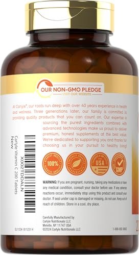 Carlyle Vitamin C 500mg mit Hagebutte | 200 Tabletten | Hochdosiert | Vegetarisch, Nicht-GVO, Glutenfrei