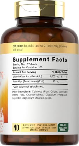 Carlyle Vitamin C 500mg mit Hagebutte | 200 Tabletten | Hochdosiert | Vegetarisch, Nicht-GVO, Glutenfrei
