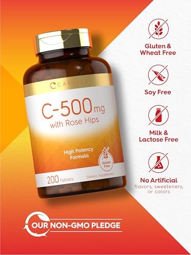 Carlyle Vitamin C 500mg mit Hagebutte | 200 Tabletten | Hochdosiert | Vegetarisch, Nicht-GVO, Glutenfrei