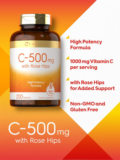 Carlyle Vitamin C 500mg mit Hagebutte | 200 Tabletten | Hochdosiert | Vegetarisch, Nicht-GVO, Glutenfrei