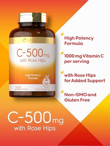 Carlyle Vitamin C 500mg mit Hagebutte | 200 Tabletten | Hochdosiert | Vegetarisch, Nicht-GVO, Glutenfrei