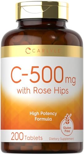 Carlyle Vitamin C 500mg mit Hagebutte | 200 Tabletten | Hochdosiert | Vegetarisch, Nicht-GVO, Glutenfrei
