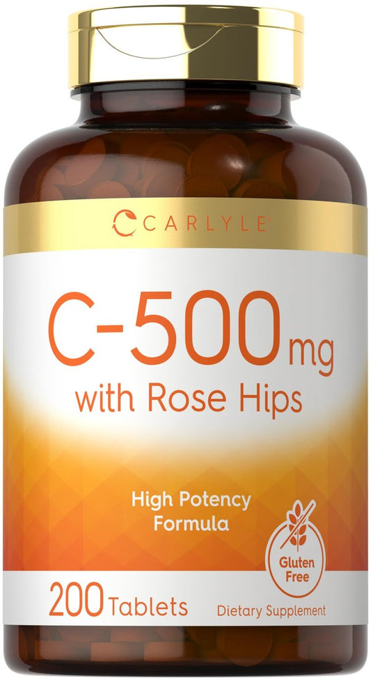 Carlyle Vitamin C 500mg mit Hagebutte | 200 Tabletten | Hochdosiert | Vegetarisch, Nicht-GVO, Glutenfrei