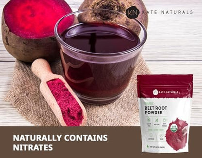 Kate Naturals Bio Rote-Bete-Pulver – Organisches Rote-Bete-Superfood für Smoothies, Backen & Säfte (340 g, Nicht-GVO, Erdiges Aroma)
