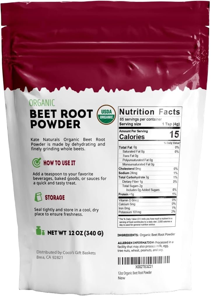 Kate Naturals Bio Rote-Bete-Pulver – Organisches Rote-Bete-Superfood für Smoothies, Backen & Säfte (340 g, Nicht-GVO, Erdiges Aroma)