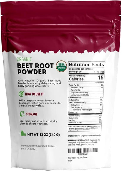 Kate Naturals Bio Rote-Bete-Pulver – Organisches Rote-Bete-Superfood für Smoothies, Backen & Säfte (340 g, Nicht-GVO, Erdiges Aroma)