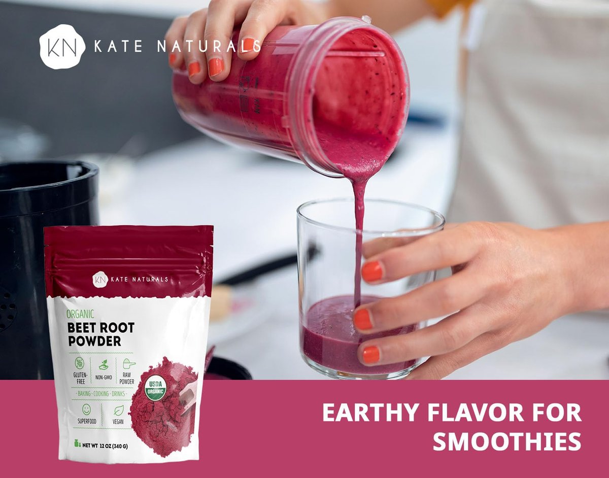 Kate Naturals Bio Rote-Bete-Pulver – Organisches Rote-Bete-Superfood für Smoothies, Backen & Säfte (340 g, Nicht-GVO, Erdiges Aroma)