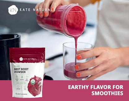 Kate Naturals Bio Rote-Bete-Pulver – Organisches Rote-Bete-Superfood für Smoothies, Backen & Säfte (340 g, Nicht-GVO, Erdiges Aroma)