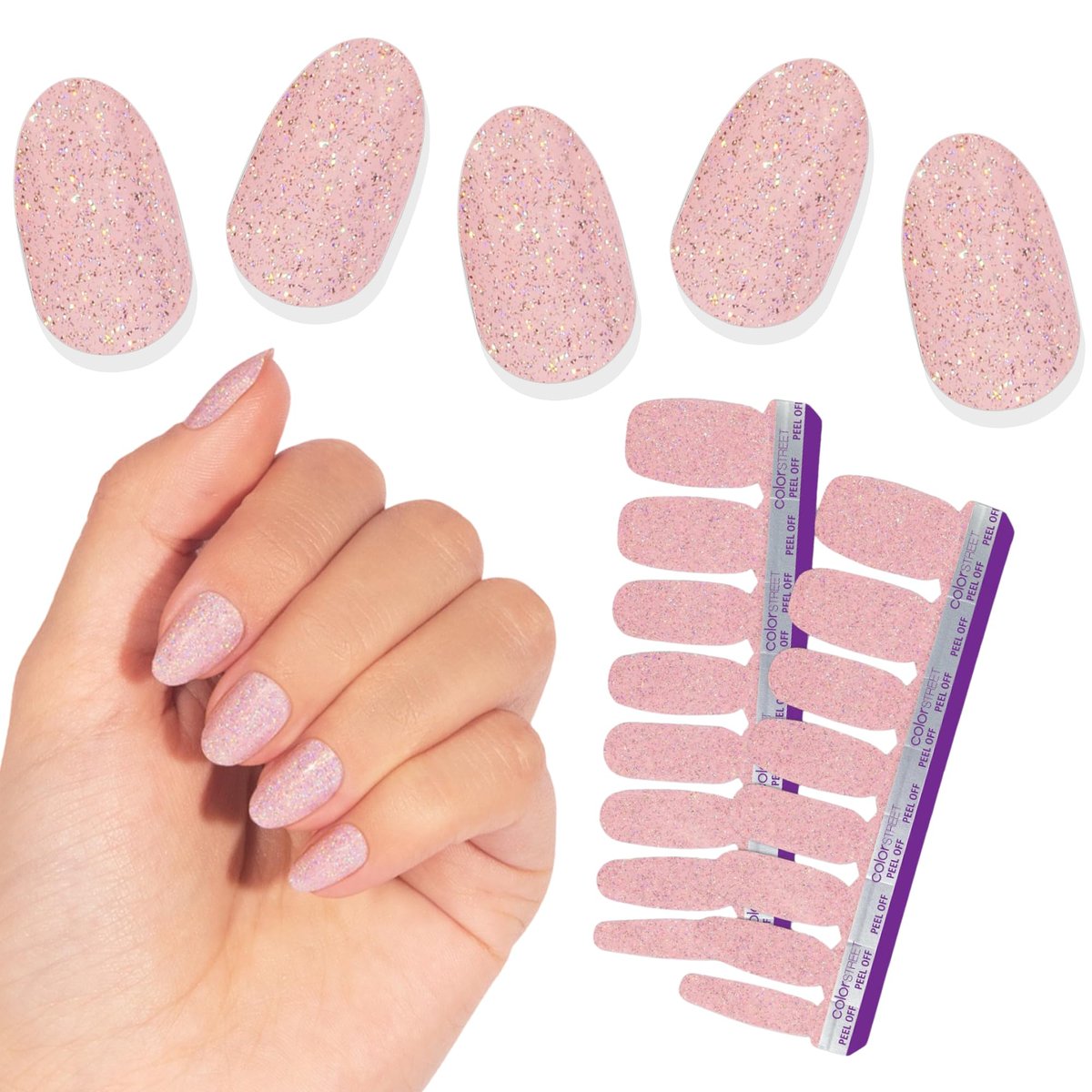 Color Street Blushing in Flushing Nagelstreifen – Rosa mit Silberglitter, Glitzer-Finish, einfache Anwendung, splitterresistent, 16 Doppelstreifen für langanhaltenden Salon-Look