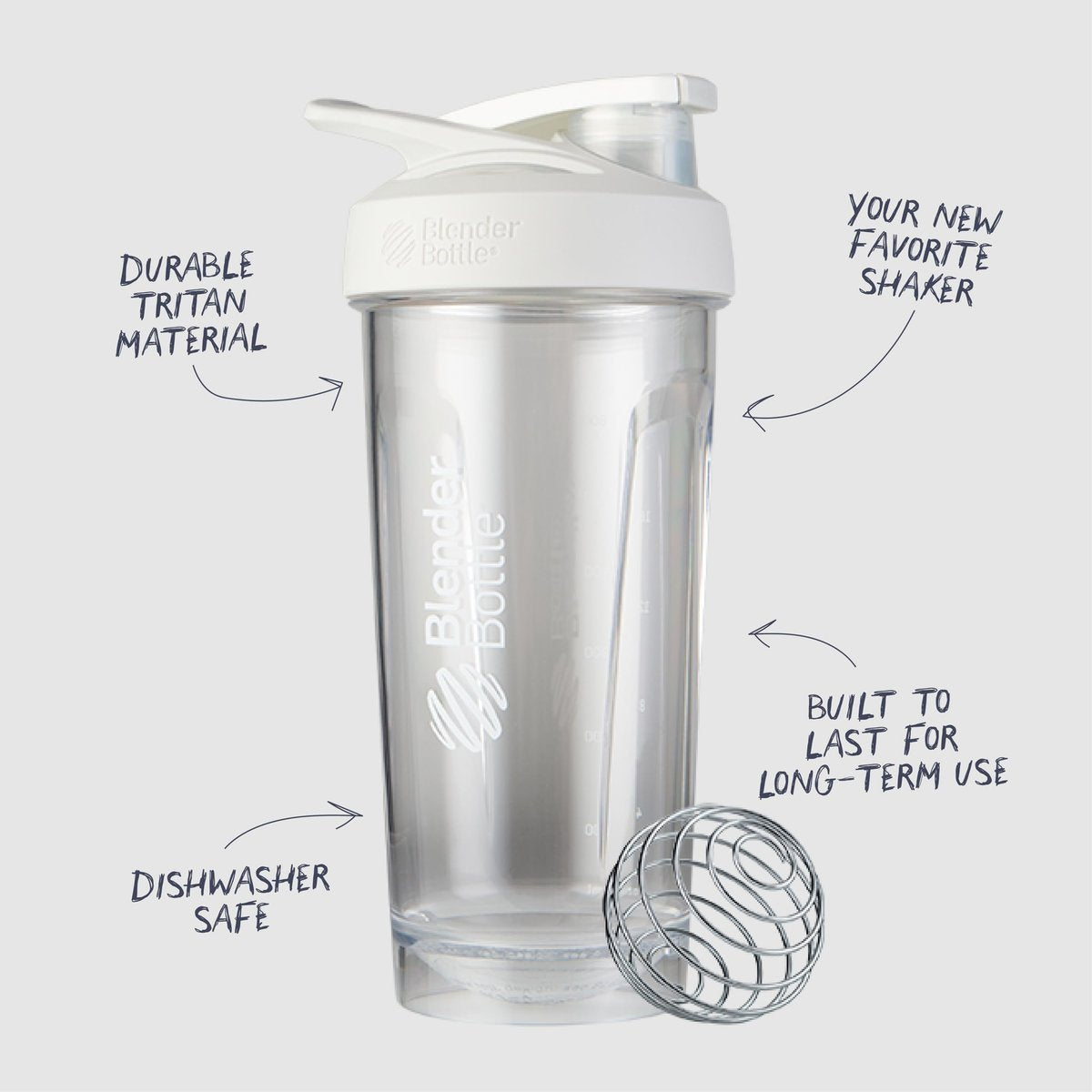 BlenderBottle Sport Shakerflasche mit Drahtschneebesen, 24 Unzen, Weiß – Protein Shakes & Hydration für Sportler & Fitnessbegeisterte, einfaches Mischen, langlebig & leicht, verschließbarer Deckel