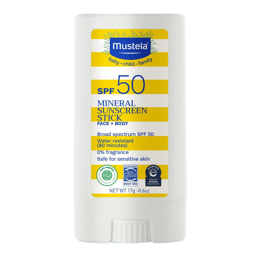 Mustela Baby Mineral Sonnenstick SPF 50 Breitbandschutz – Gesichts- & Körpersonnenstick mit 70 % Bio-Inhaltsstoffen – Ultrafein, wasserresistent & duftstofffrei – 0,6 oz.