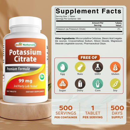 Best Naturals Kaliumcitrat 99 mg – 500 Tabletten – Laborgeprüft