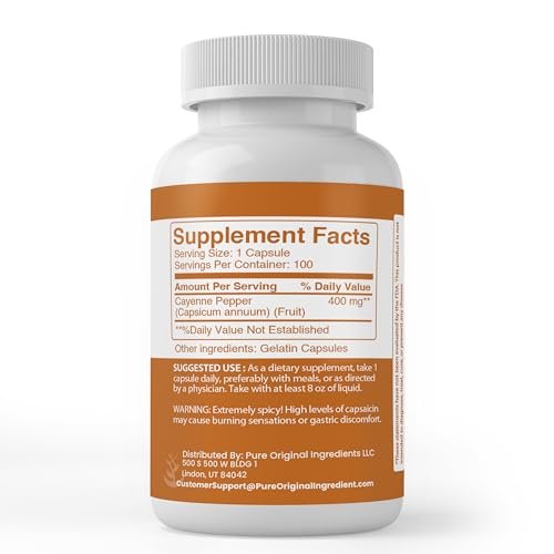 Pure Original Ingredients Cayennepfeffer Kapseln – 100 Kapseln, rein, ohne Zusätze oder Füllstoffe, laborgeprüft