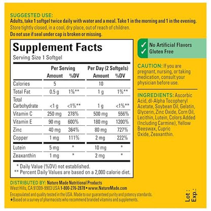 Nature Made Vision nach AREDS2-Formel – Augen-Vitamine mit Lutein & Zeaxanthin, Vitamin C, Vitamin E, Zink und Kupfer für gesunde Sehkraft und Augenfunktion, 60 Softgels, 30-Tage-Versorgung