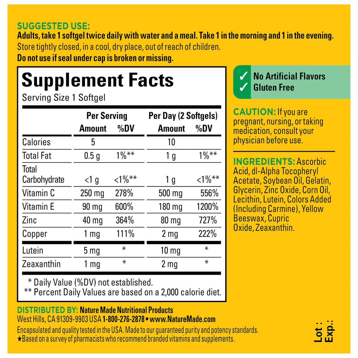 Nature Made Vision nach AREDS2-Formel – Augen-Vitamine mit Lutein & Zeaxanthin, Vitamin C, Vitamin E, Zink und Kupfer für gesunde Sehkraft und Augenfunktion, 60 Softgels, 30-Tage-Versorgung