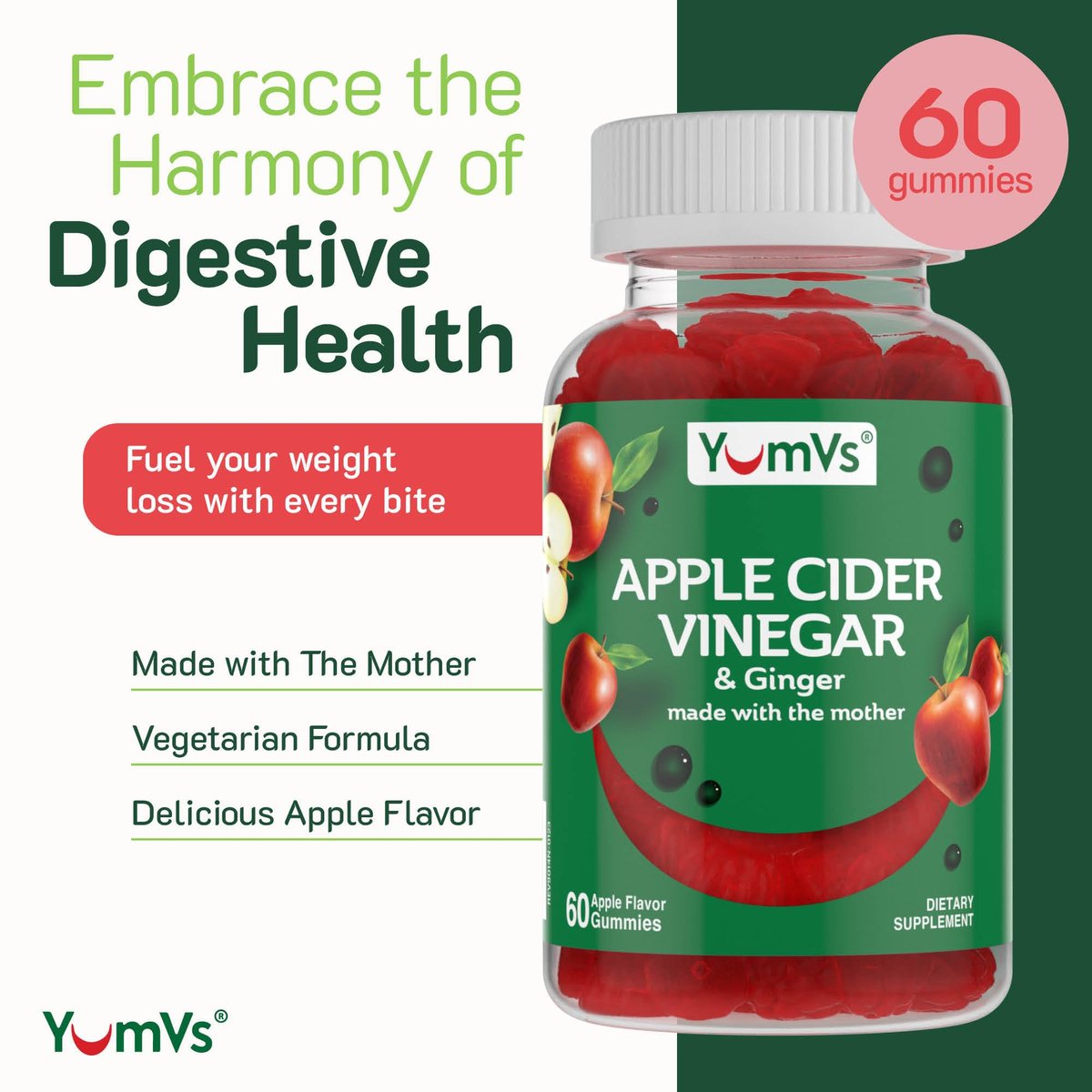 YUM-V'S Apfelessig Gummibärchen – ACV Gummies mit Ingwer & Mother – Unterstützt Stoffwechsel, Vitalität & tägliches Wohlbefinden – Natürlicher Apfelgeschmack, vegan, non-GMO, glutenfrei – 60 Stück