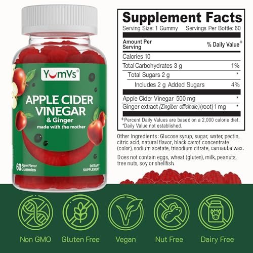 YUM-V'S Apfelessig Gummibärchen – ACV Gummies mit Ingwer & Mother – Unterstützt Stoffwechsel, Vitalität & tägliches Wohlbefinden – Natürlicher Apfelgeschmack, vegan, non-GMO, glutenfrei – 60 Stück