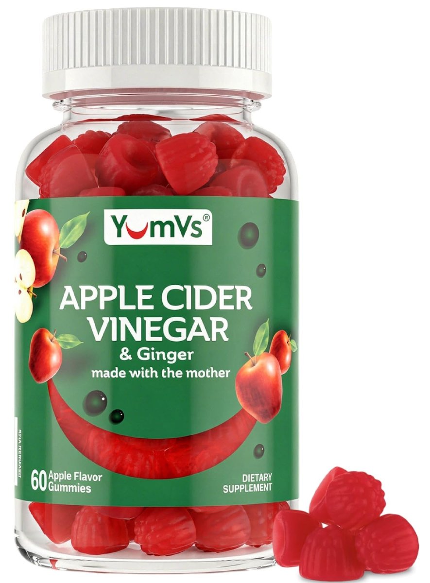 YUM-V'S Apfelessig Gummibärchen – ACV Gummies mit Ingwer & Mother – Unterstützt Stoffwechsel, Vitalität & tägliches Wohlbefinden – Natürlicher Apfelgeschmack, vegan, non-GMO, glutenfrei – 60 Stück