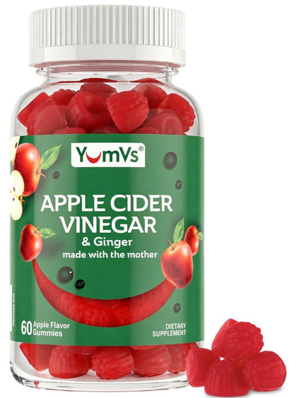 YUM-V'S Apfelessig Gummibärchen – ACV Gummies mit Ingwer & Mother – Unterstützt Stoffwechsel, Vitalität & tägliches Wohlbefinden – Natürlicher Apfelgeschmack, vegan, non-GMO, glutenfrei – 60 Stück