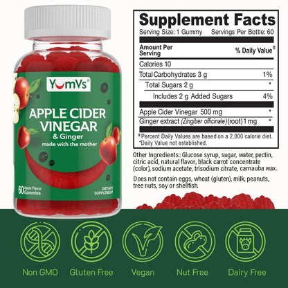YUM-V'S Apfelessig Gummibärchen – ACV Gummies mit Ingwer & Mother – Unterstützt Stoffwechsel, Vitalität & tägliches Wohlbefinden – Natürlicher Apfelgeschmack, vegan, non-GMO, glutenfrei – 60 Stück