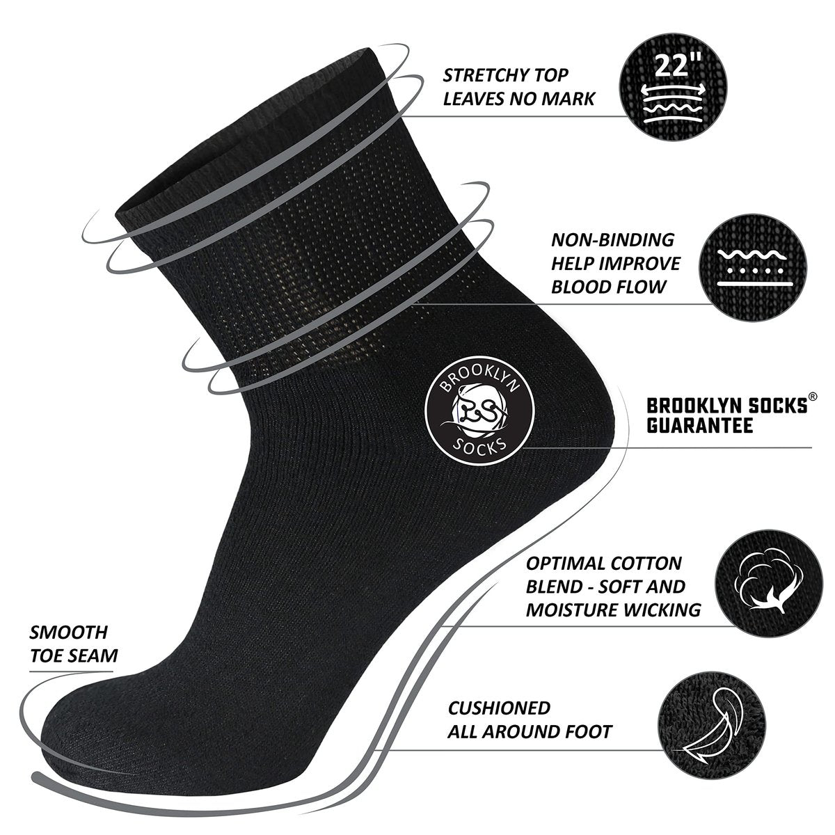 Big and Tall Diabetische Neuropathie Knöchelsocken, Herren King Size Athletic Quarter Socken (Größe: 13-16) (Schwarz, 6 Paar)