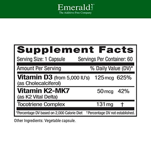 EMERALD LABS Vitamin D3+K2 - Vitamin D & VitalDelta MK-7 für Knochengesundheit & Herzunterstützung* - Vegetarisch, Glutenfrei, Klinische Potenz - 60 Kapseln