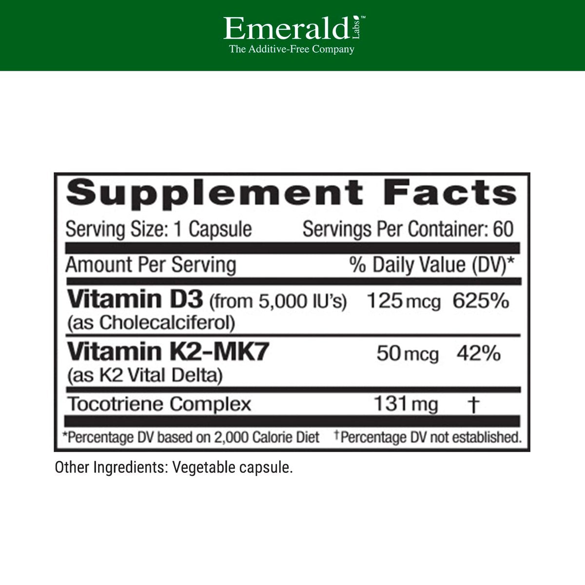 EMERALD LABS Vitamin D3+K2 - Vitamin D & VitalDelta MK-7 für Knochengesundheit & Herzunterstützung* - Vegetarisch, Glutenfrei, Klinische Potenz - 60 Kapseln