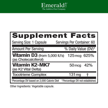 EMERALD LABS Vitamin D3+K2 - Vitamin D & VitalDelta MK-7 für Knochengesundheit & Herzunterstützung* - Vegetarisch, Glutenfrei, Klinische Potenz - 60 Kapseln